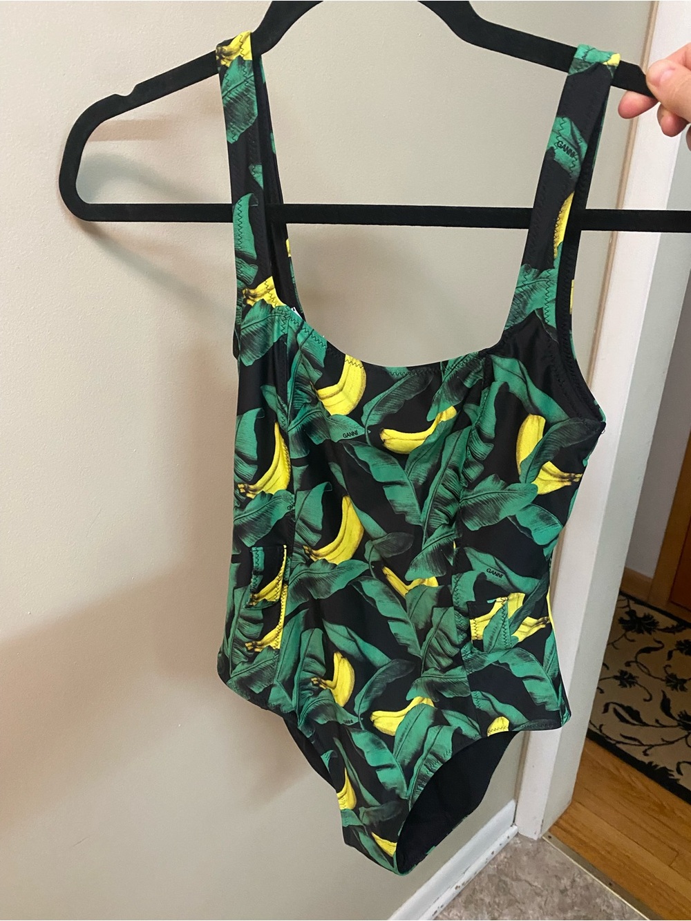 Ganni Black One-Piece Swimsuit with Yellow Banana & Green Leaf Print